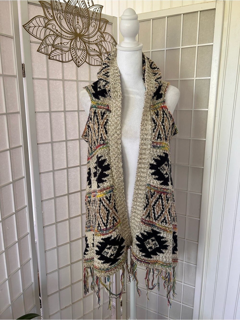 Boho Tribal Knit Hooded Fringe Vest in Cream and Black-One Size